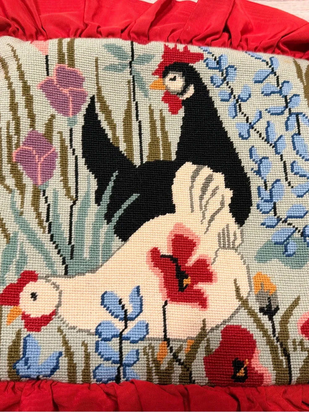 Vintage Rare FW Crafts Persian Wool Needlepoint Rooster & Hen Design Pillow